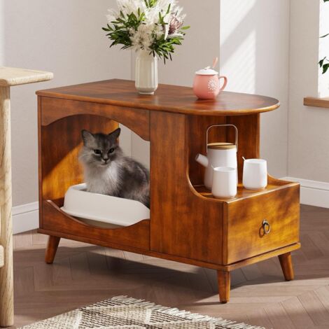 PADMA HOUSE Cat Cabinet Litter Box Furniture Armoire à Chat Litière Box Armoire avec tiroir, Table de côté en Bois Massif, Table de lit pour Le Salon (1 PC)