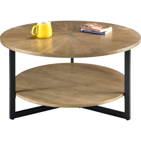 PADMA HOUSE Table Basse Bois, Table Basse Ronde pour Salon 85 cm, Tables Basses Circulaire à 2 Niveaux avec Rangement, Cadre en Métal (Nature Rustique)