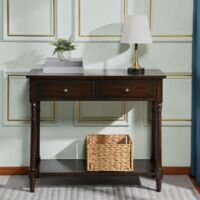 PADMA HOUSE Table console avec 2 tiroirs, petite table basse avec étagères de rangement, table d'entrée pour salon, bureau 90 x 35 x 76,5 cm (couleur noir foncé)