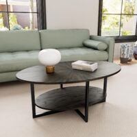PADMA HOUSE Table basse ovale en bois massif avec pieds en métal croisé, 110 cm, table centrale industrielle moderne avec étagère ouverte, table à cocktail, table à thé, pour salon, chambre à coucher