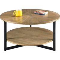 PADMA HOUSE Table Basse Bois, Table Basse Ronde pour Salon 85 cm, Tables Basses Circulaire à 2 Niveaux avec Rangement, Cadre en Métal (Nature Rustique)