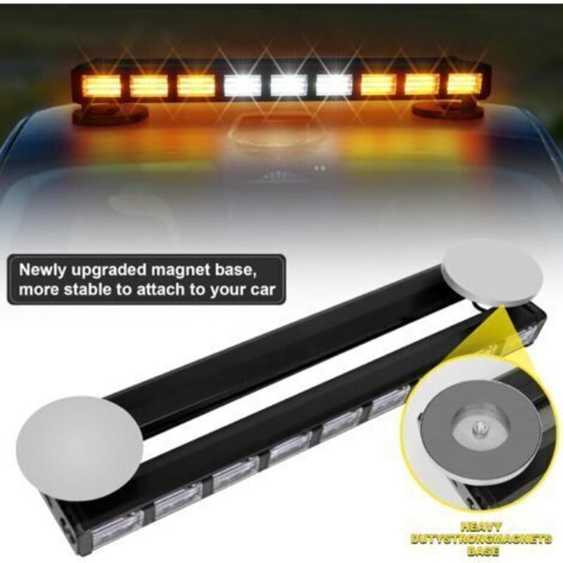 Barre Lumineuse Stroboscopique LED Pour Véhicule - 38-96 Cm, 78 LED - 16 Modes, Magnétique - 12V/24V - Blanc/ambre - Urgence, Chantier - 12