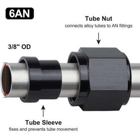 6AN Female To 3/8" Tube Nut & Sleeve - 37 Degree Aluminum Black Hardline AN Fitting
