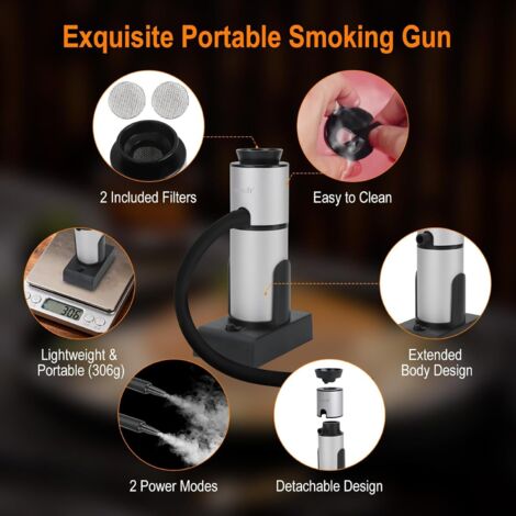 Pistolet à Fumée Portable Cocktail Smoker – Infuseur De Saveur Avec 4 Copeaux De Bois Naturels (Pomme, Cerise, Noyer, Chêne) Pour Viande, Saumon, Boissons & Fromage