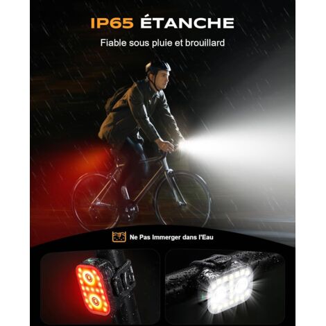 Kit éclairage Vélo Avant Et Arrière USB Rechargeable – Étanche IPX5 – Feu Stop Détecteur De Freinage – Portée 200 M