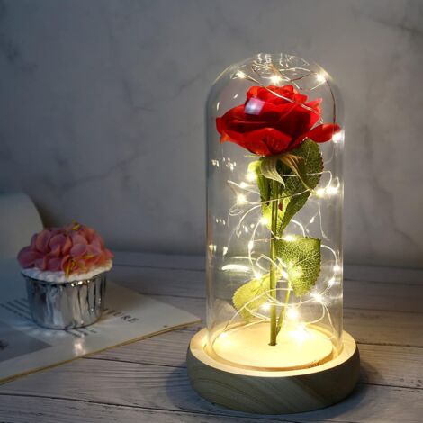 La Belle et la Bête Rose, Forever Rose Fleurs dans Un Dôme Transparent avec Bande Lumineuse LED, pour la Saint-Valentin Fête de Mariage Fête des mères Décorations de Bureau à Domicile (1/5)