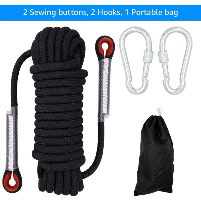 Corde De Parachute En Nylon De Corde De 12mm Panchute Cord Avec La Boucle Cousue Et Le Mousqueton Pour L'escalade En Montagne(10M