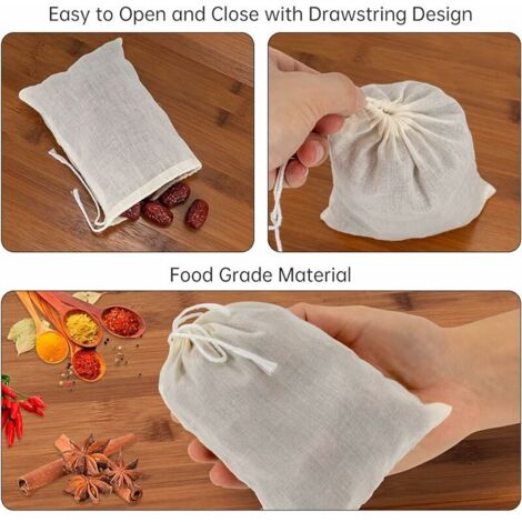 50 Sachets Mousseline Coton Bio 8x10 Cm – Sacs Infusion Réutilisables Avec Cordon – Thé, Herbes, Épices