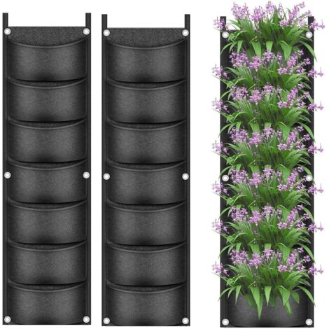 2 Pièces Sacs de Culture de Plantes Suspendus, 7 Poches Jardinière Murale Sac pour Pot de Fleurs Vertical Sacs de Culture Respirants en Tissu Non Tissé pour Cour Jardin Maison Décoration (Noir) (1/5)