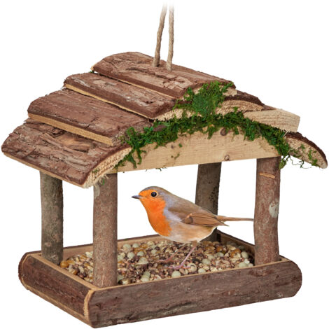 Relaxdays Mangeoire pour oiseaux en bois, à suspendre, HLP 19 x 22 x 16,5 cm, jardin, distributeur de nourriture, nature