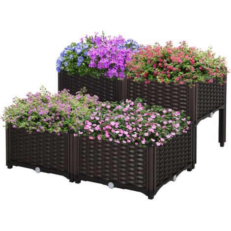 Jardinière Surélevée 160x40x42 Cm Aspect Rotin Noir - Potager Balcon Terrasse Avec Pieds 20 Cm, PP Résistant