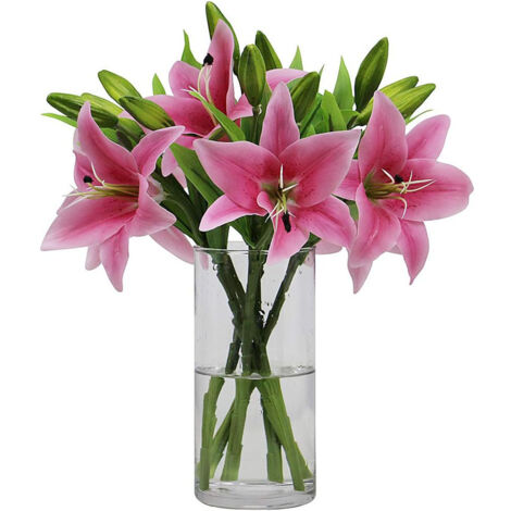 Lot de 6 lys artificiels rose foncé, Sculpture florale artistique, Décoration intérieure élégante, Haute qualité écologique, Sans entretien, Pour maison, bureau, mariage, fête