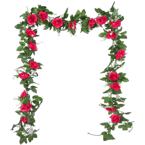 Lot de 2 Rosiers Artificiels Grimpants Rouges, 2,2 mètres - Fausses Roses Tombantes, Décoration de Balcon et Mur Végétal