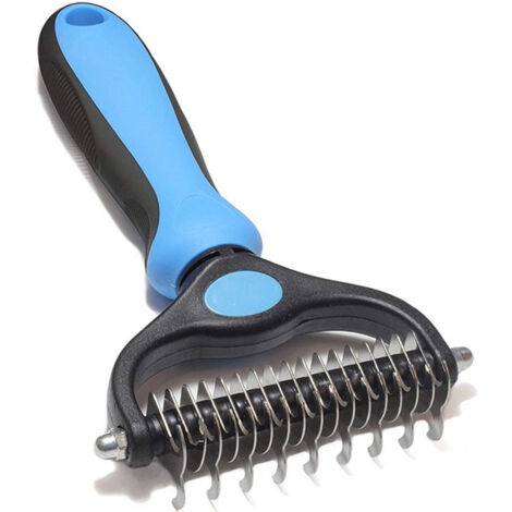 Brosse démêlante double face pour chien et chat, taille grande, 17 dents côté souple + 9 dents côté dense, couleur bleue, emballage blister