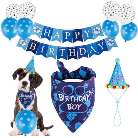 Kit de décoration d'anniversaire pour chien, comprenant une banderole de fanions et un bandana, motif chien, couleur bleue