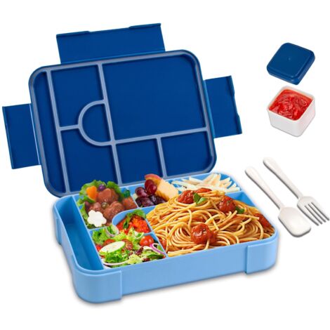 Lunch Box, 1330ml Bento Box avec 7 compartiments, Réutilisable Boite Repas avec cuillère et fourchette, sans BPA, micro-ondes, lave-vaisselle, école, pique-nique (Bleu) (1/5)