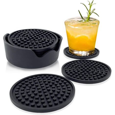 Dessous de verre en silicone, 100 % silicone, antidérapants, anti-déversement, pour boissons, bar, café (lot de 6, noir)