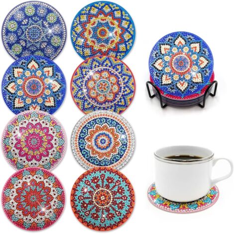 Dessous de verre ronds pour peinture diamant 5D, lot de 8, avec support et base en liège. Idéal pour adultes et débutants. (1/5)
