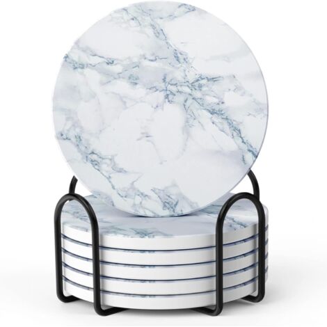 Dessous de verre, lot de 6 sous-verres en cristal, absorbants, avec base en liège et support, effet marbre blanc. Décoration idéale pour la maison, bars, cafés, fêtes, bureaux, ou comme cadeau pour ma