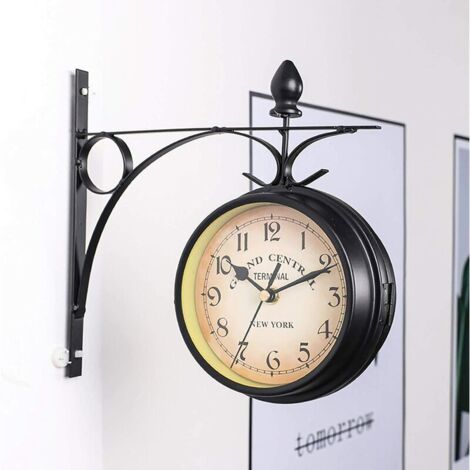 Horloge murale rétro double face SHANGSKY, horloge de jardin d'extérieur avec boîtier en fer antique étanche, pour l'intérieur et l'extérieur, cadeau d'anniversaire pour homme (noir)