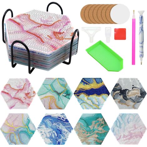 Dessous de verre pour peinture diamant, lot de 8 avec support et stylo à peinture diamant, dessous de verre décoratifs avec outils, kit d'art diamant pour adultes, enfants et débutants (marbre)