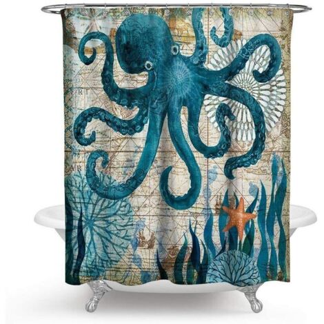 Rideau de douche en tissu résistant, imperméable et anti-moisissure, motif tortue marine et paysage océanique (Poulpe, 180 x 180 cm)