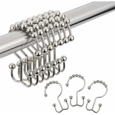 Anneaux de rideau de douche, anneaux de rideau de douche en acier inoxydable, crochets de douche doubles coulissants en métal pour tringles de douche de chambre, rideaux, nickel, ensemble de 24 croche
