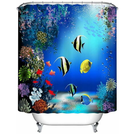 Rideau de douche à motif pêche, imperméable et anti-moisissure en polyester, bleu avec crochets, 150 x 180 cm, corail