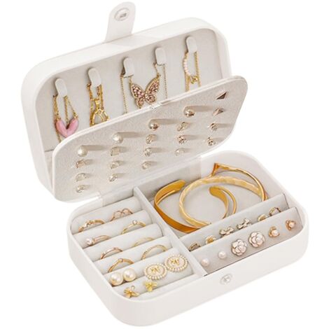 Boite a Bijoux Femme, Rangement Bijoux, Blanc Cassé, Portable, 16 cm x 11 cm x 5 cm, 20 Trous pour Oreilles, 6 Crochets pour Colliers, 3 Compartiments Amovibles, Idéal Cadeau