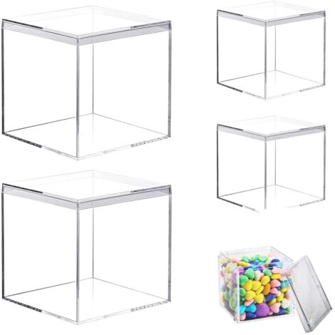 Petites Boîtes en Acrylique Avec Couvercle, 4 Pièces Boîtes Carrées en Acrylique Transparentes, Petite Boîte Carrée Transparente en Acryliques, pour Ranger des Bonbons, Bijoux (2 Tailles, 8CM+10CM)