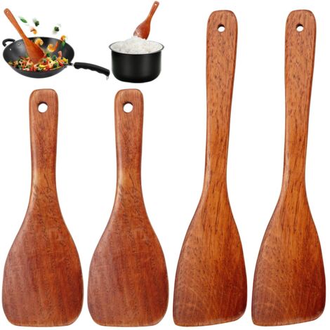 4 Pièces Spatule de Cuisine, Spatule Bois Cuisine, Ustensiles de Spatule Cuisine Bois Anti-Rayures, Non Stick Bois Turner Cuisine pour Cuisine, les Woks et les Poêles (33 cm, 23 cm)