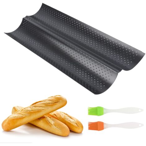 Moule à Baguette Antiadhésif - Plaque à Pain Française 2 Baguettes avec 2 Pinceaux de Cuisine