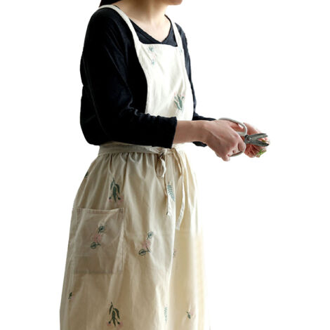 Tablier imperméable en coton et lin – Beige – Brodé – Style japonais, pour pâtisserie et café