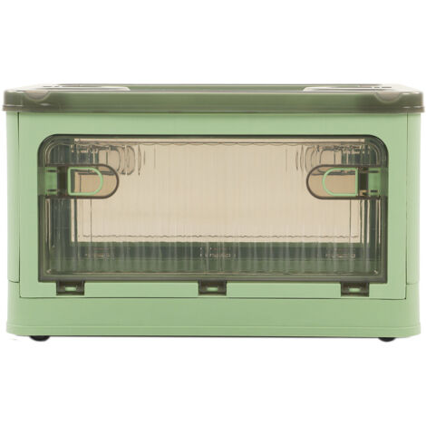 Boîte de rangement pliable en plastique – Petit format – Porte latérale – Transparent – Vert – Roulettes amovibles (1/5)