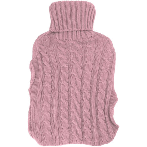 Bouillotte en caoutchouc anti-explosion – Rose – Grande bouillotte à double insertion mains, housse tricotée torsadée