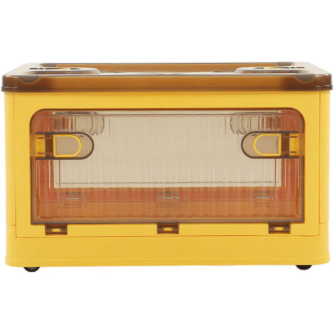 Boîte de rangement pliable en plastique – Petit format – Porte latérale – Transparent – Jaune – Roulettes amovibles (1/5)