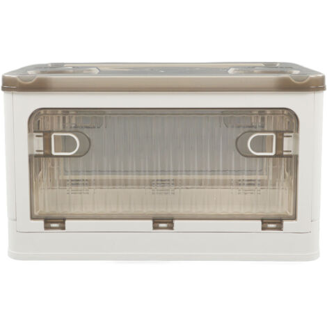Boîte de rangement pliable en plastique – Petit format – Porte latérale – Transparent – Blanc – Roulettes amovibles (1/5)