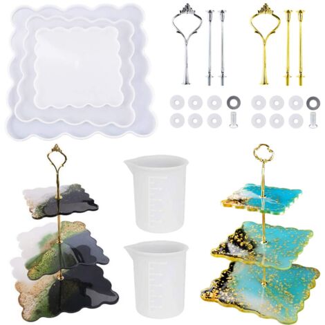Silicone Moule pour Bijoux, 3 Niveaux Coaster Moule Resine Moules en Résine pour Tour à Dessert avec Support pour Cupcakes Fruits Dessert ou Thé, Carré (1/5)
