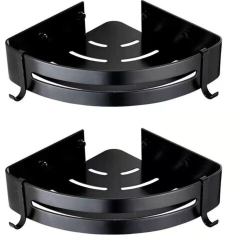 Étagère d’angle de douche sans perçage, panier mural double niveau en métal noir