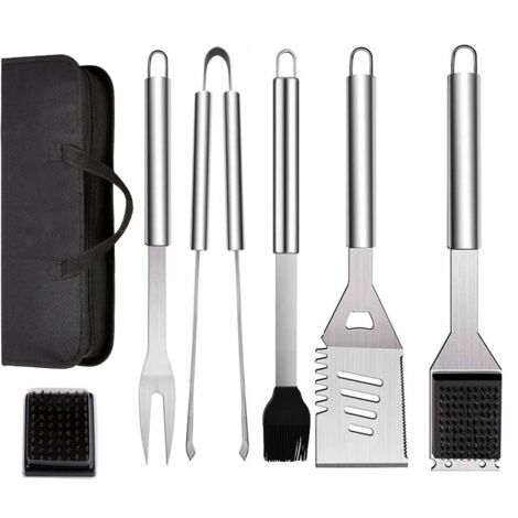 Ensemble Lot de 6 Ustensiles de Barbecue en Acier Inoxydable avec Sac de Transport, Spatule, Pince et Fourchette, Accessoires pour Barbecue, Cuisine, Camping en Plein Air