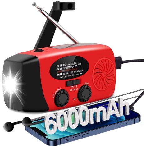 Radio météo urgence AM/FM/NOAA, manivelle solaire, chargeur de téléphone, lampe de poche 4 modes, alarme SOS, prise casque, pour urgence (1/5)