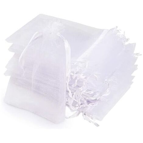 Sachets Organza, 100 Sachets Pochettes Transparent,10x15cm Cadeau en Organza Blanc avec Ruban Pour les cadeaux de Noël,Sacs Organza pour Bijoux Cadeaux Bonbons Marriage Anniversaire Faveur