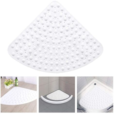 Eck antidérapant Duschmatte, Gummibadematte Triangulaire, quart de cercle, Anti-Moisissure, de Douche ou de Baignoire, avec Trou de vidange et de la Ventouse, Blanc, 54 x 54 cm