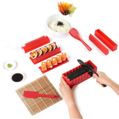 Sushi Maker Kit Sushi Maker Red Complete with Sushi Knife and Exclusive des Didacticiels Vidéo 10 Piece de BRICOLAGE Sushi Set Easy and Fun for Begers - Sushi Roll Maker - Maki Roll Sushi Roller (1/4)