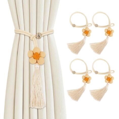 4 Attaches de Rideaux Tissées, Liens Corde de Rideau Forme de Fleur en Coton, Supports de Rideaux pour Maison Bureau Hôtel Décoration de Fenêtre, Beige
