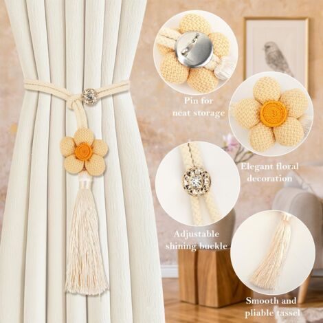 Lot De 4 Attaches De Rideaux à Pompons Rétro - Tissées à La Main, Sans Perçage, Or Et Gris - Accessoires Élégants Pour Maison