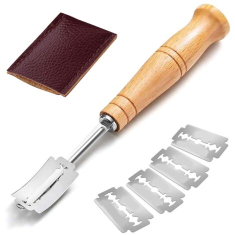 Boulanger Slashing Outil, Lame à pain, Lame pour Pâte, Manche en Bois Couteau a Pain, Bread Lame, Lame Boulanger, Rasoir à pain,Pinceau Cuisine, avec 5 Lames Réchanges, pour Graver des Motifs de Pain