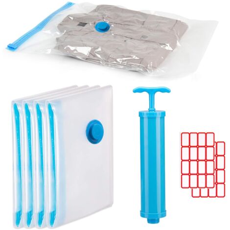 Sacs de Rangement Sous Vide, Sacs Compression,40 60cm Sacs de Compression Réutilisables, Sac de Voyage Sous Vide, Sacs Sous Vide pour Vêtements, Pompe Sous Vide, Étiquettes Autocollantes, 4 Pièces