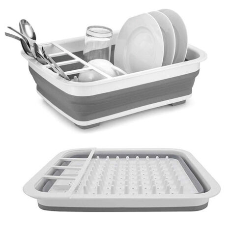 Lot de 2 égouttoirs extensibles pour vaisselle, pliables, coloris gris et blanc, gain de place cuisine (1/5)