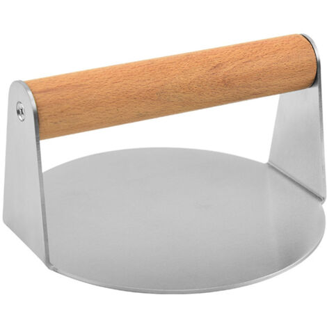 Presse à viande ronde en acier inoxydable 304 avec manche en bois, réutilisable, pour hamburgers et steaks hachés (1/5)